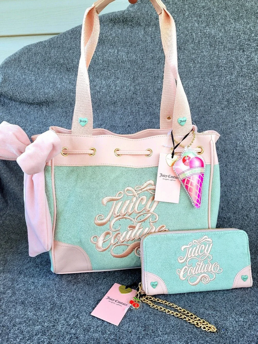 NWT Juicy Couture Sugar Rush Tote Handbag and Matching Wallet in Frosty Green